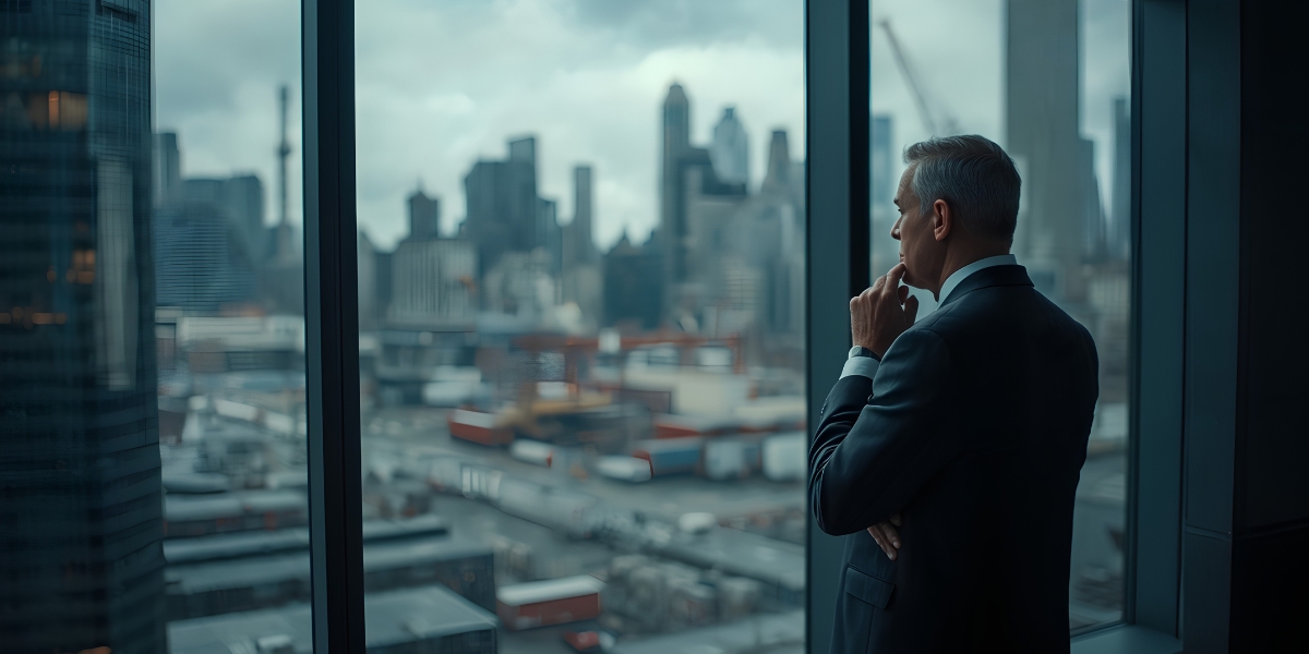 Senior business leadership overlooking a complex city and industrial landscape