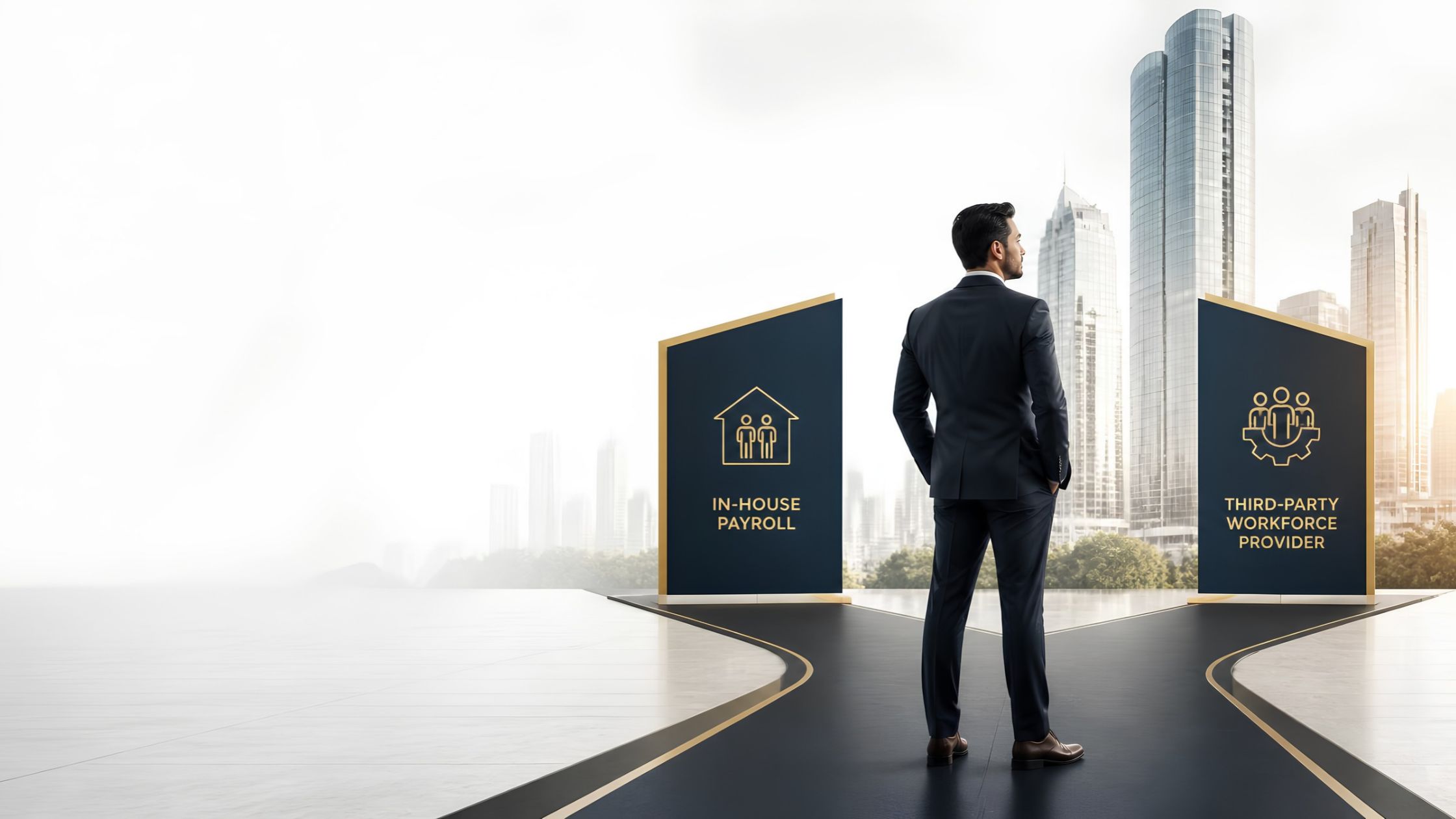 Business leader weighing in-house payroll against third-party workforce management, Indo Shinka Advisory